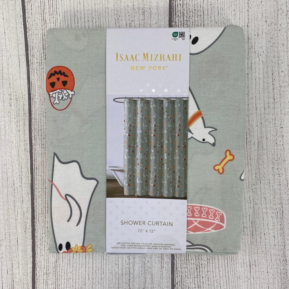Isaac Mizrahi Shower Curtain Sage Green Halloween Ghost Dog Puppy Spooky Fall